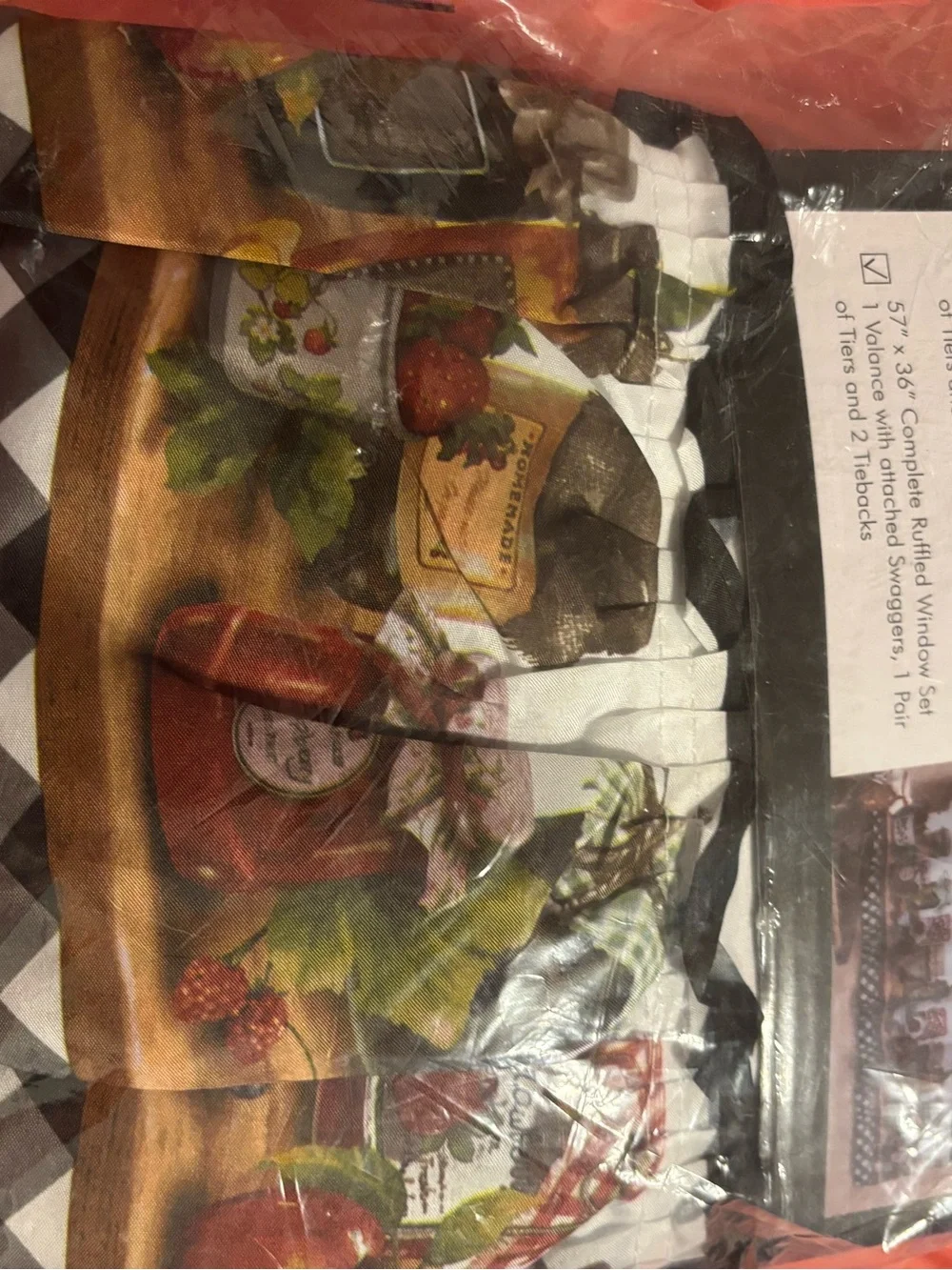 NIP Mason Jars Printed Cottage Window Set 57x36 Valance Tiers Tiebacks Fruit Jam